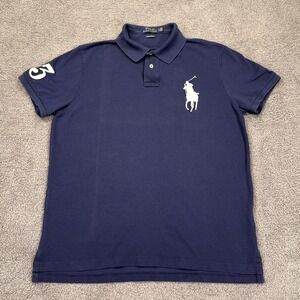 Polo Ralph Lauren Polo Shirt Boys Large‎ Navy Custom Slim Fit Big Pony 3 Sleeve